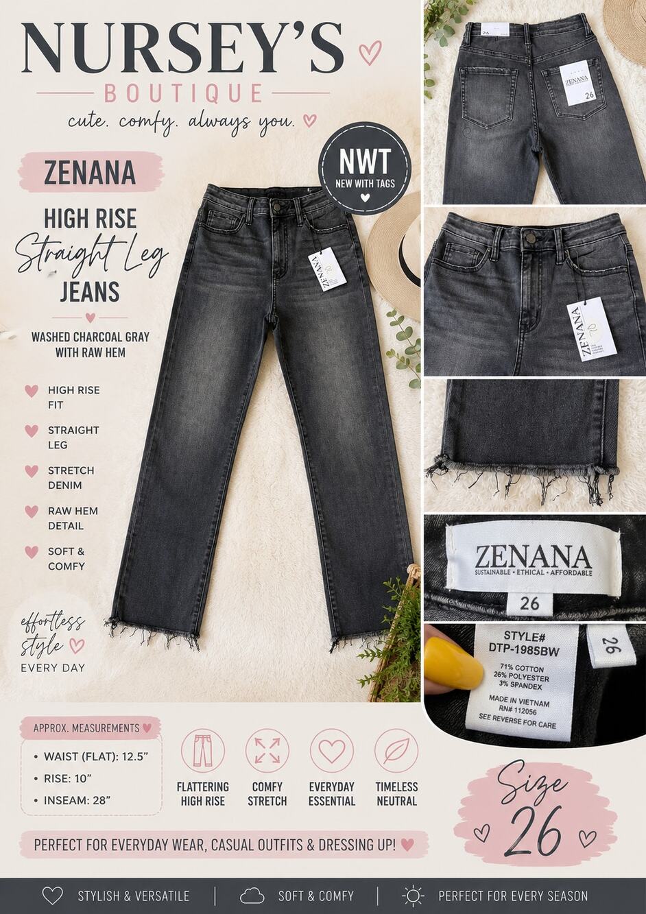 Zenana Gray High Rise Straight Leg Jeans Raw Hem Stretch Denim Size 26 NWT